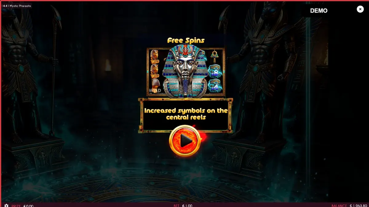 Interface do jogo de slot Mystic Pharaoh com símbolos egípcios e rolos dourados