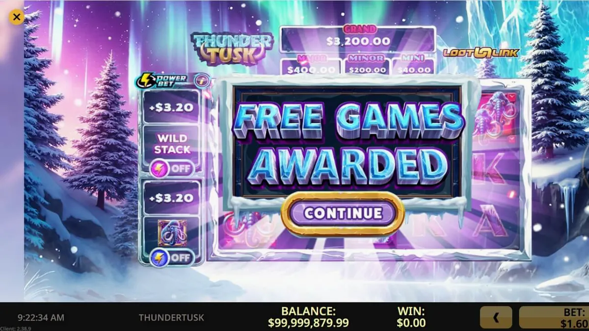 Cenário de tundra congelada com mamutes e elementos de slot Thunder Tusk