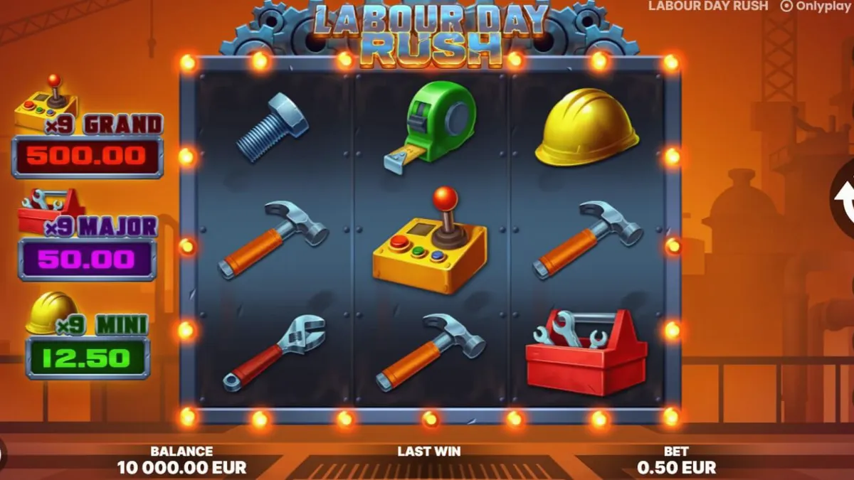 Interface do jogo de slot Labour Day Rush com ferramentas industriais e luzes brilhantes